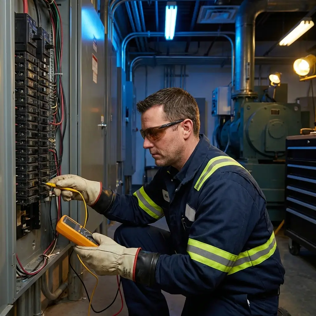 Técnico realizando manutenção preventiva em quadro elétrico